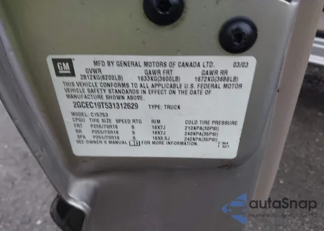 2003 Chevrolet Silverado 1500 Ls from USA, damaged, VIN 2GCEC19T531312629